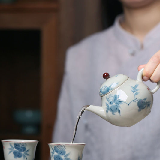 Antique Hand Painted Pomegranate Little Teapot Blue And White Underglaze Single Teapot