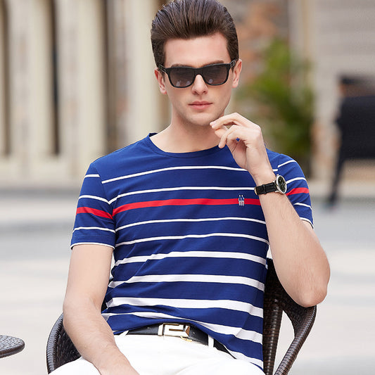 Men's Colorblock Striped Round Neck Fashion Casual Short Sleeve T-Shirt