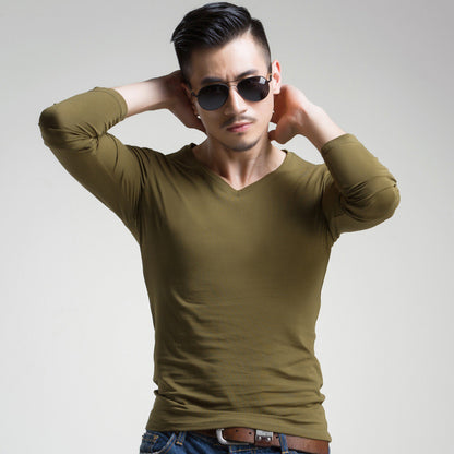 Men's Slim V-neck Bottoming Shirt Solid Color T-shirt