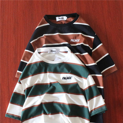 Striped colorblock embroidered letter T-shirt
