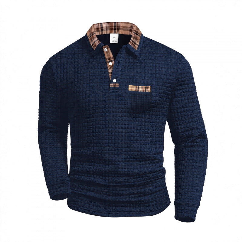 Men's Casual Solid Color Patchwork Pocket Collar Long Sleeve Polo Shirt