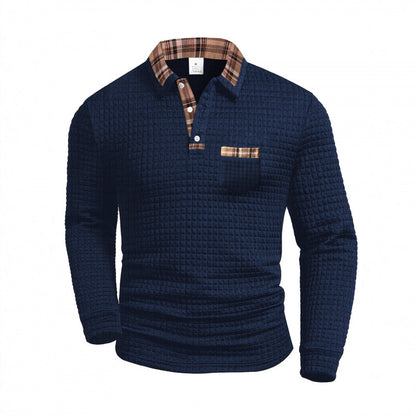 Men's Casual Solid Color Patchwork Pocket Collar Long Sleeve Polo Shirt