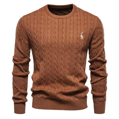 Embroidered Solid Color Knitted Sweater With Deer Pattern
