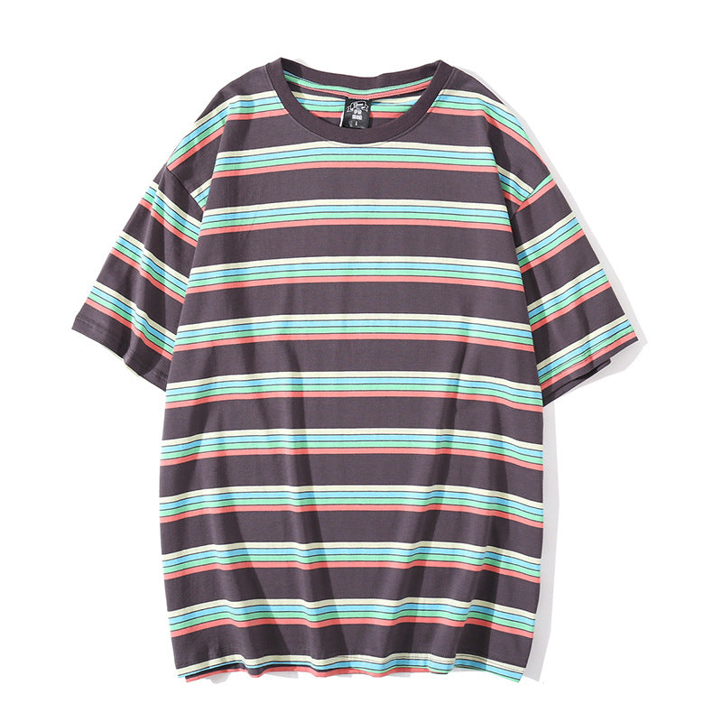 Simple striped loose short sleeve couple T-shirt