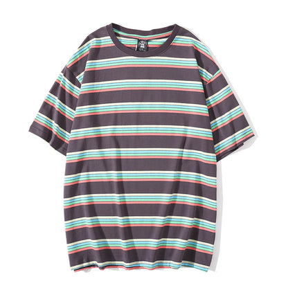 Simple striped loose short sleeve couple T-shirt