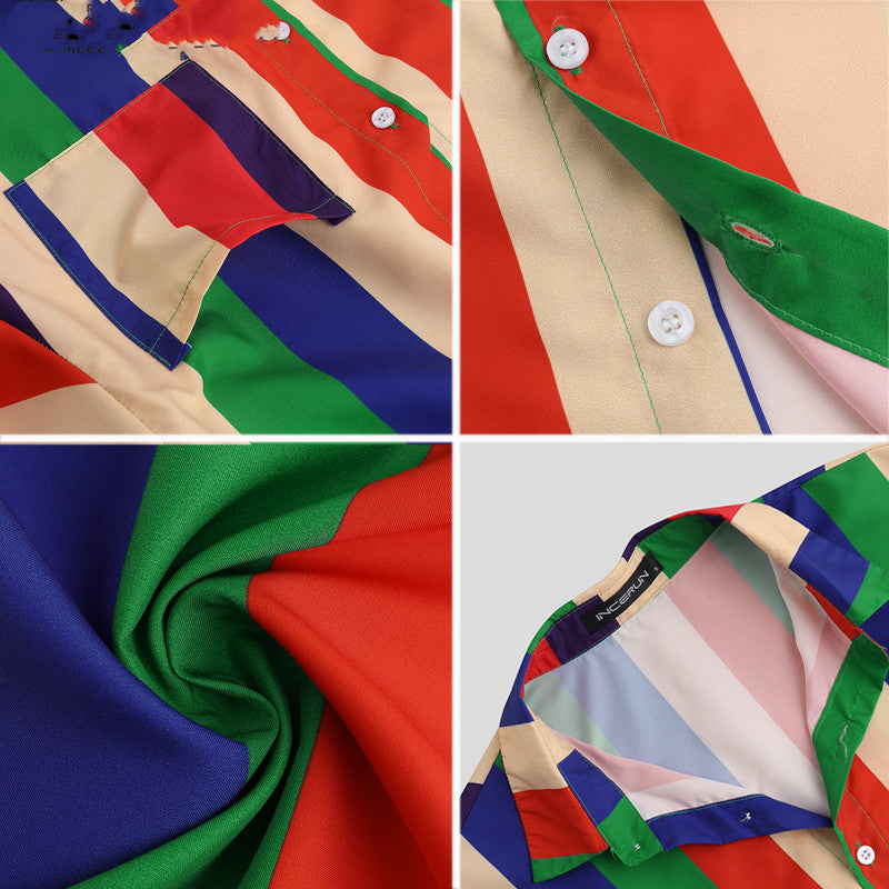 Color stripe printed shirt men's summer