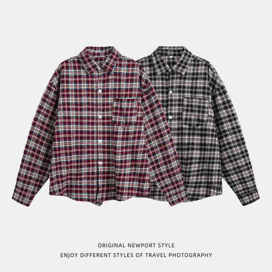 Mens American-Style Retro Color-Block Plaid Long-Sleeve Shirt