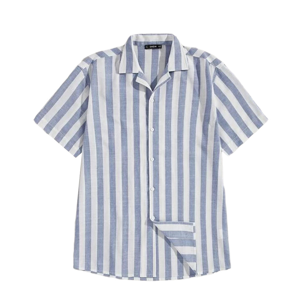 Street Style Cotton And Linen Striped Lapel Button Short Sleeves