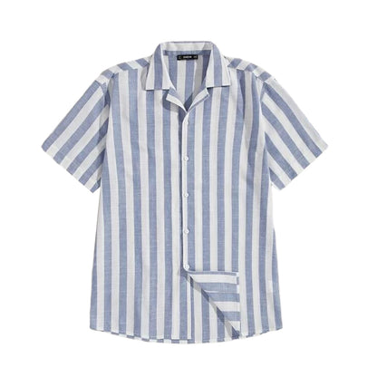 Street Style Cotton And Linen Striped Lapel Button Short Sleeves