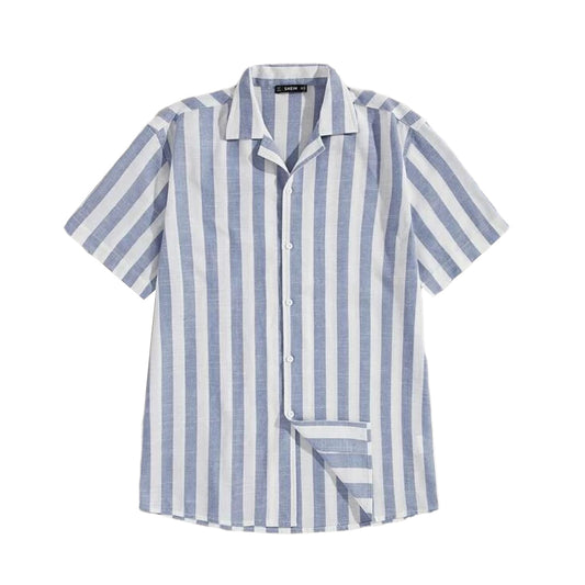 Street Style Cotton And Linen Striped Lapel Button Short Sleeves