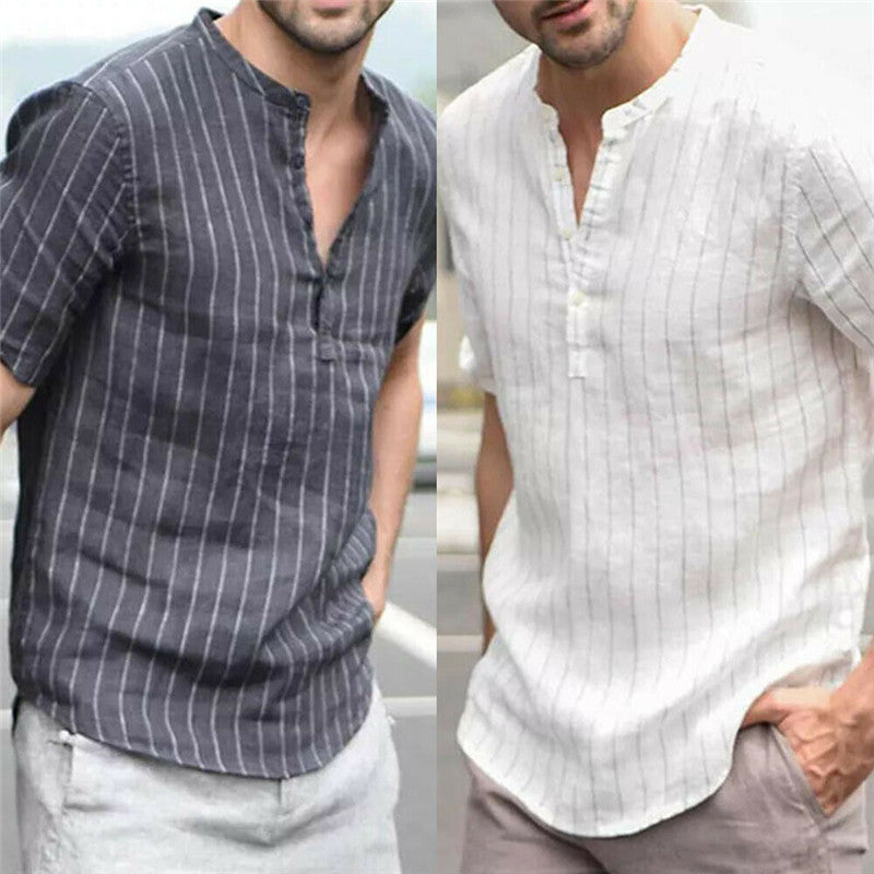 Short sleeve slim striped small collar shirt
