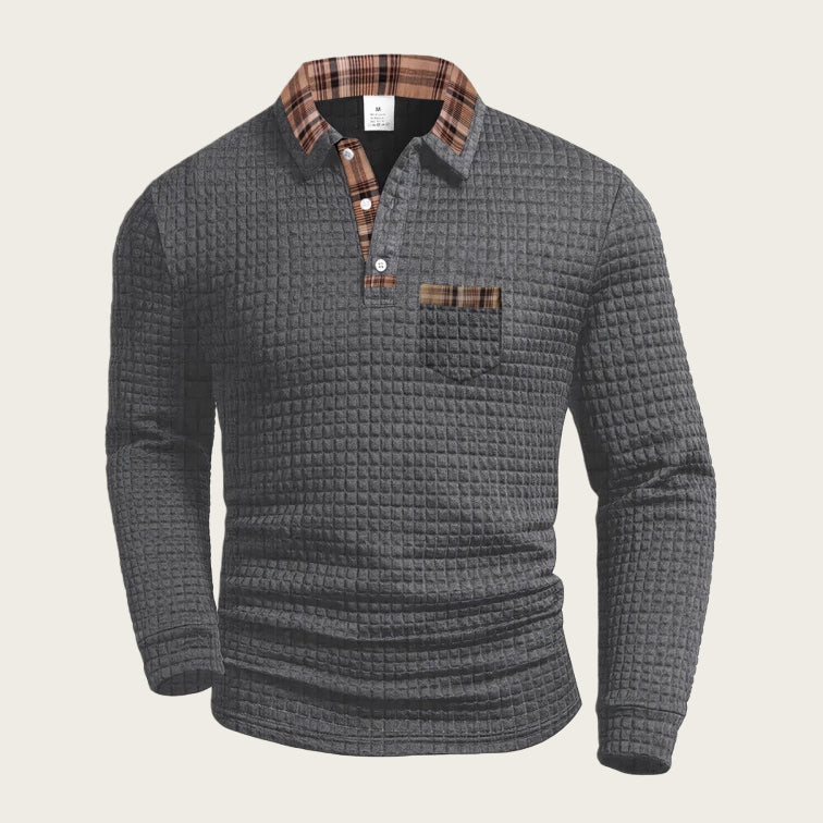 Men's Casual Solid Color Patchwork Pocket Collar Long Sleeve Polo Shirt
