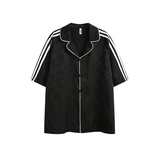 Striped Black Short Sleeve Shirt Men's Turn-down Collar Coat