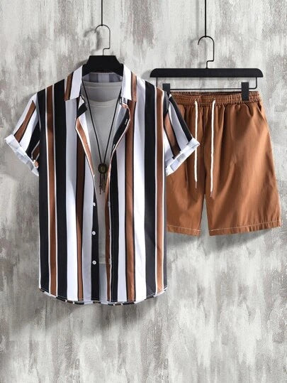 Striped Contrast Color 3D Printing Vacation Shirt Shorts 2 Pieces Suit
