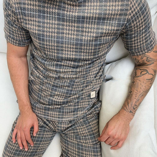 Summer Men's Round Neck Plaid Short Sleeve Shirt Shorts Two-Piece Suit