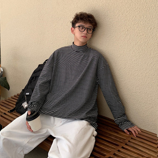 Half Turtleneck Striped Long Sleeve T-Shirt Men's Simple