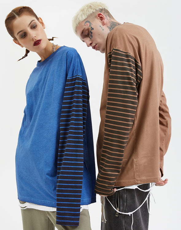 Printed stripe stitching sleeve t-shirt