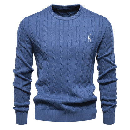 Embroidered Solid Color Knitted Sweater With Deer Pattern