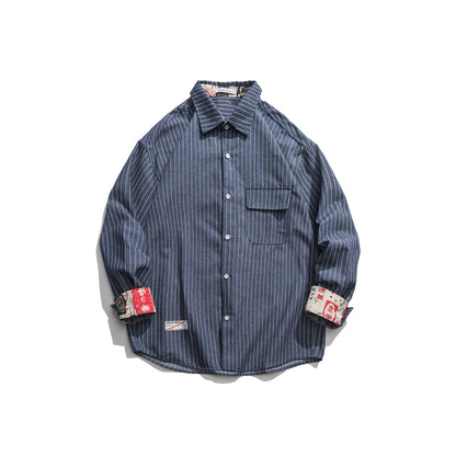 Japanese Retro Vertical Striped Long-sleeved Shirt Men's Trendy Brand Loose Street