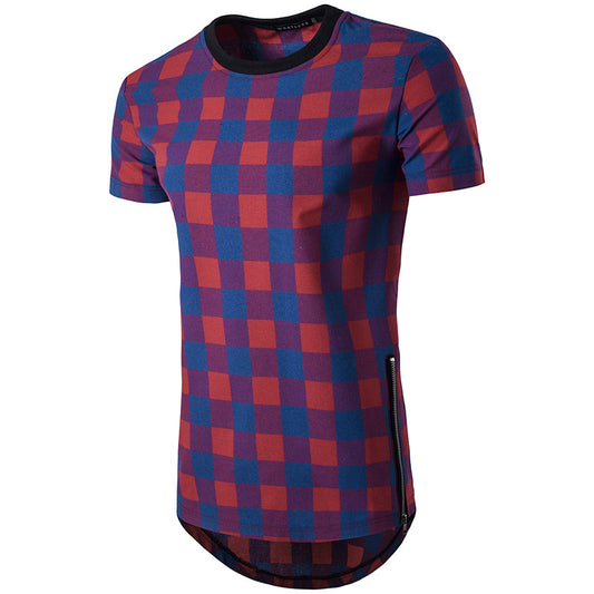 Men's Plaid Short Sleeve T-Shirt with Side Zippers