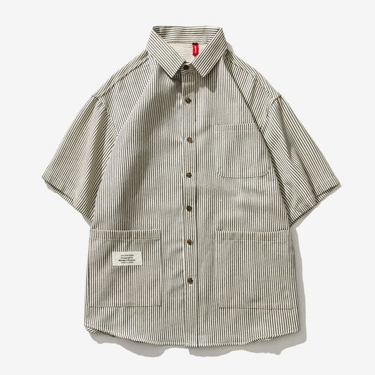 Striped Multi-Pocket Loose Half-Sleeved Shirt Men's Short-Sleeved Shirt
