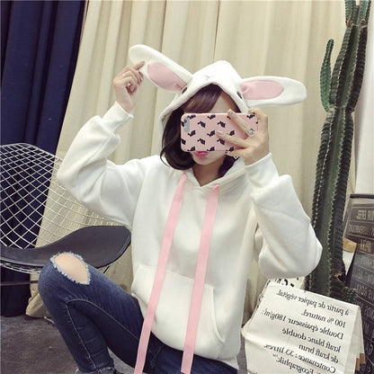Pink embroidered rabbit ears and fleece hooded sweater