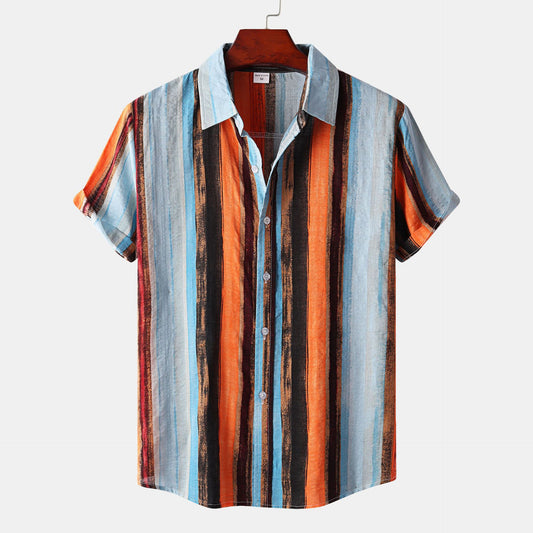 Men's Contrast Color Striped Short-sleeved Shirt