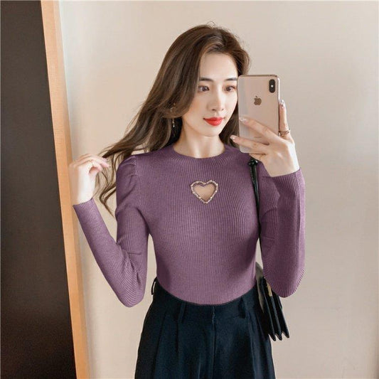 Hollow Heart Beaded Knitted Bottom Shirt For Women