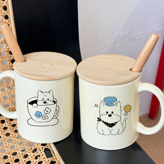 Cartoon Cute West Highland Puppy Mug With Cover Spoon Ceramic Afternoon Tea Exquisite Packaging Birthday Gift