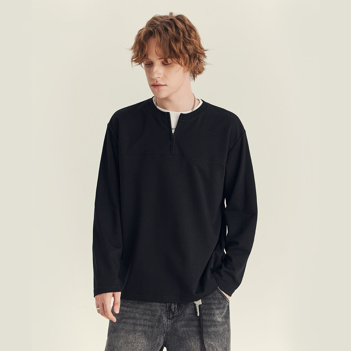 Half Long-sleeve Zipper T-shirt Men's Autumn High-grade Contrast Color Loose Crew Neck Top