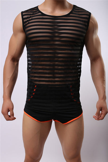 Elastic Nylon Fashion Striped Narrow Back Crew Neck Vest