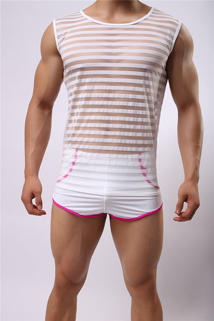 Elastic Nylon Fashion Striped Narrow Back Crew Neck Vest