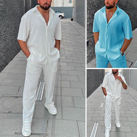 Leisure Loose Beachwear Solid Color Striped Short Sleeve Men's Shirt Two-piece Set