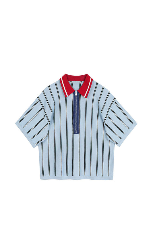 Fashionable Knitting Design Sense Niche Polo Collar Striped T-shirt For Women