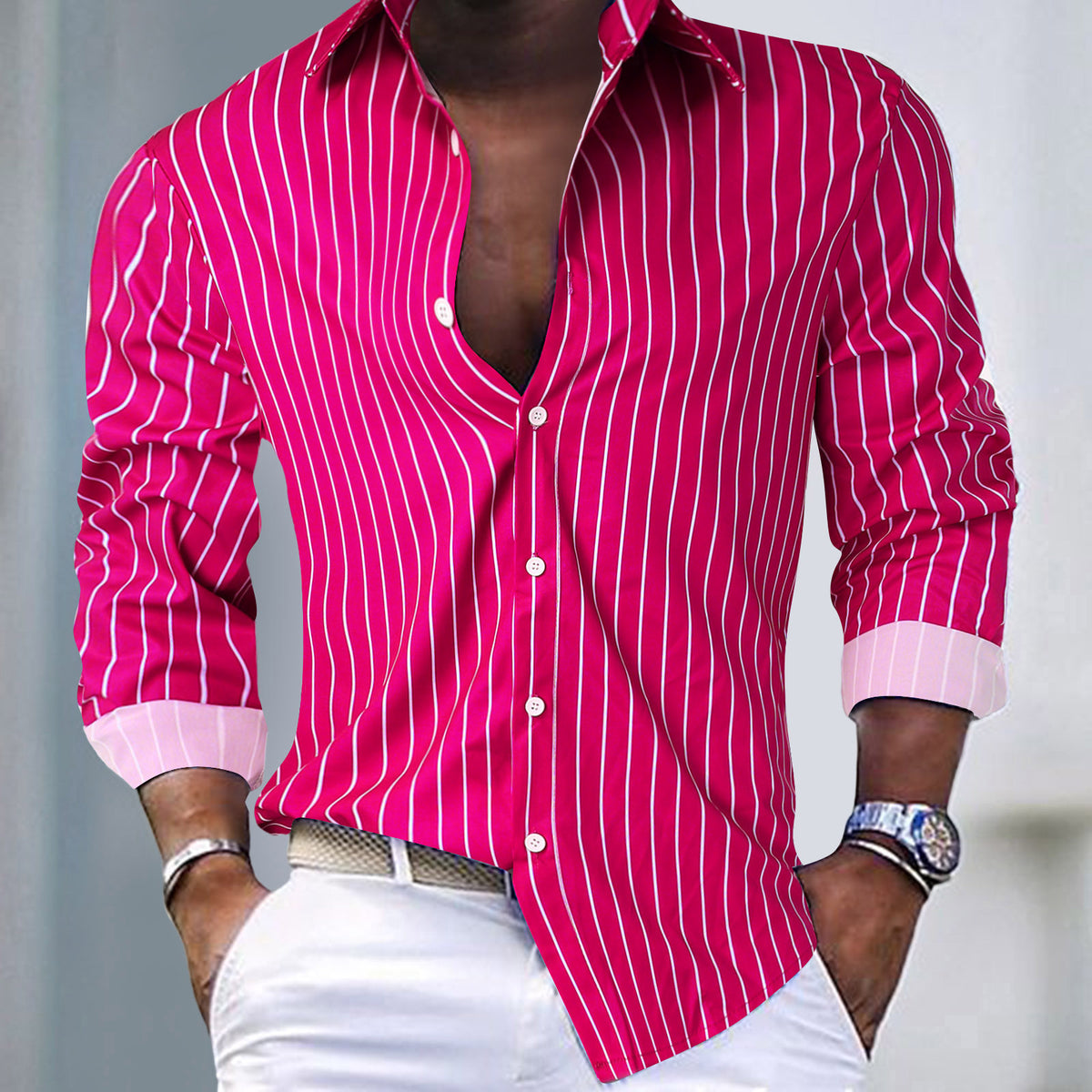 Fall Winter Men Striped Lapel Cardigan Striped Long Sleeve Shirt