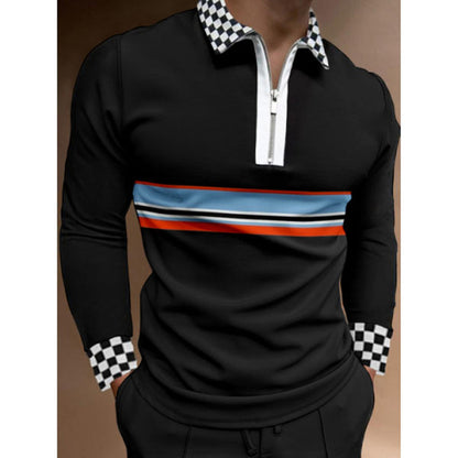 Plaid Color Matching Stitching Casual Long Sleeved T Shirt Top Polo Shirt