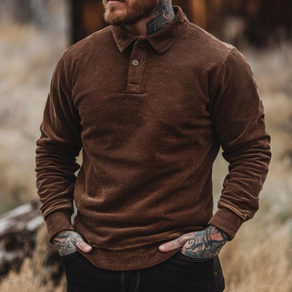Retro Solid Color Corduroy Polo Collar Long Sleeve Sweatshirt