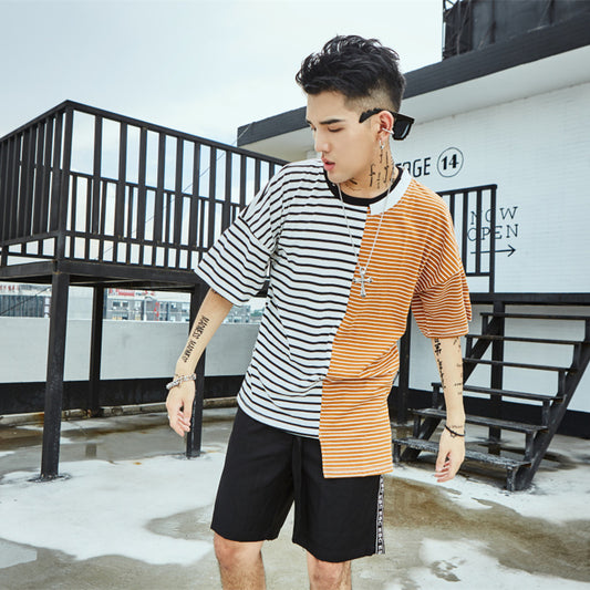 Korean Version Of Loose Striped T-shirt Smallsplice Color Cotton Short Sleeved T-shirt Irregular Fake Two Couples Male.