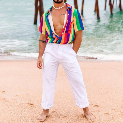 Color stripe printed shirt men's summer