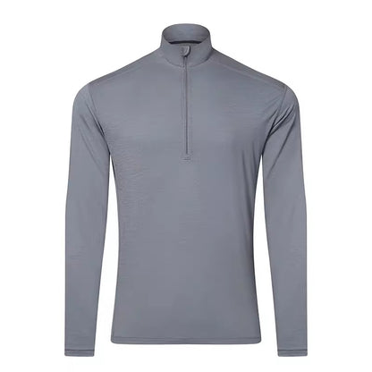 Gray Shell Quick-Dry Half-Zip Mens Outdoor Wool Long-Sleeve