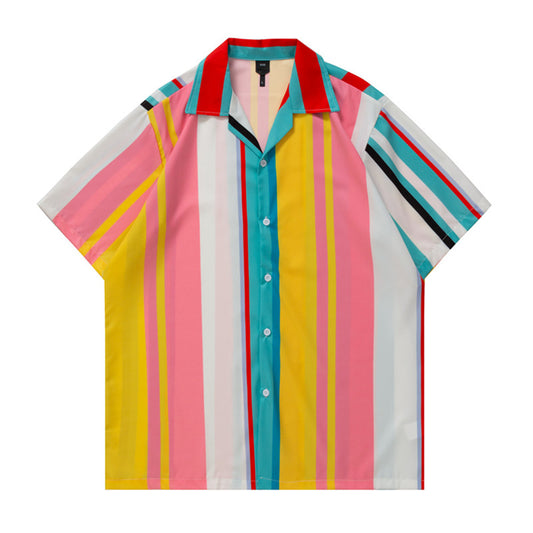 Men's Geometric Stitching Contrast Color Striped Short-sleeved Shirt