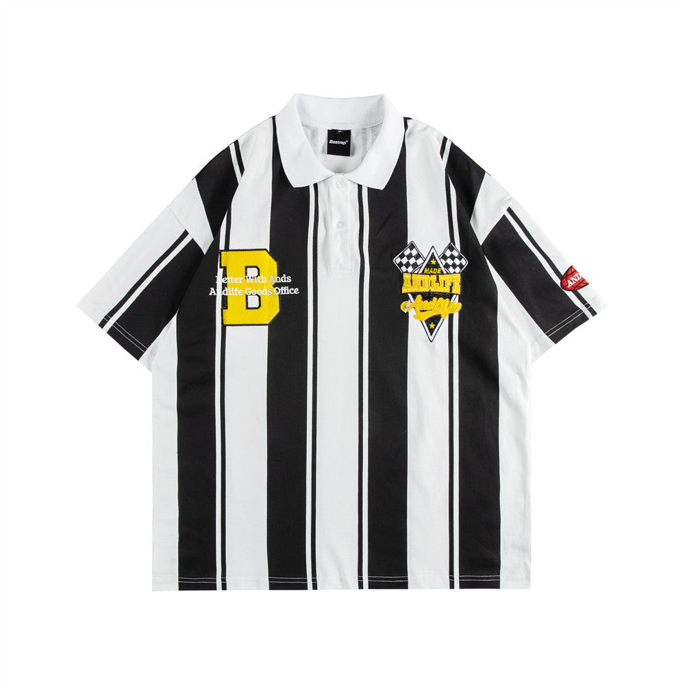 Striped Letter Embroidered Polo Shirt Men's