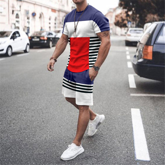 Men's Short Sleeve Sports Casual Fashion Striped Colorblock Suit