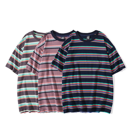 Simple striped loose short sleeve couple T-shirt