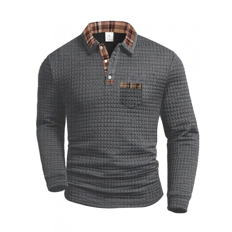 Men's Casual Solid Color Patchwork Pocket Collar Long Sleeve Polo Shirt