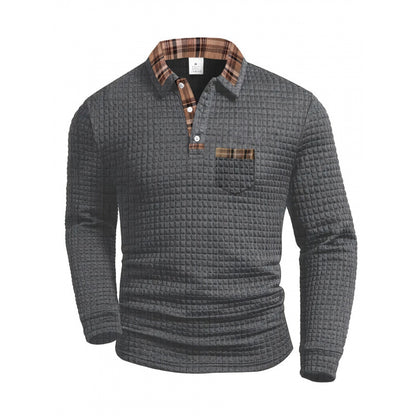 Men's Casual Solid Color Patchwork Pocket Collar Long Sleeve Polo Shirt