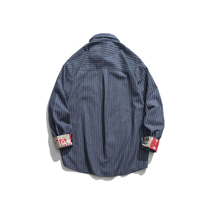 Japanese Retro Vertical Striped Long-sleeved Shirt Men's Trendy Brand Loose Street