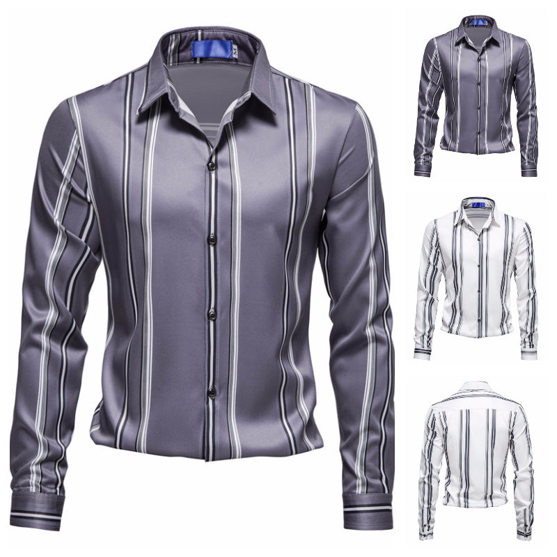 Autumn And Winter Men's Vertical Stripes Printed Long-sleeved Shirt