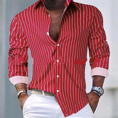 Fall Winter Men Striped Lapel Cardigan Striped Long Sleeve Shirt