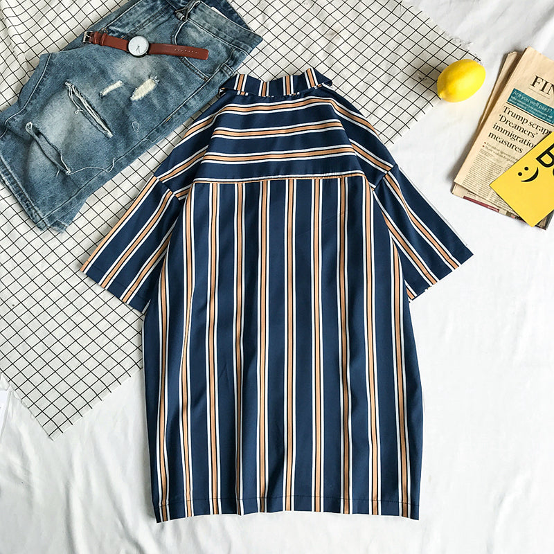 Contrast striped short sleeve loose shirt